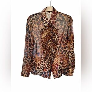 Vintage Escada Sheer Cheetah Print Ruffle Front Top Brown Black Women’s Small